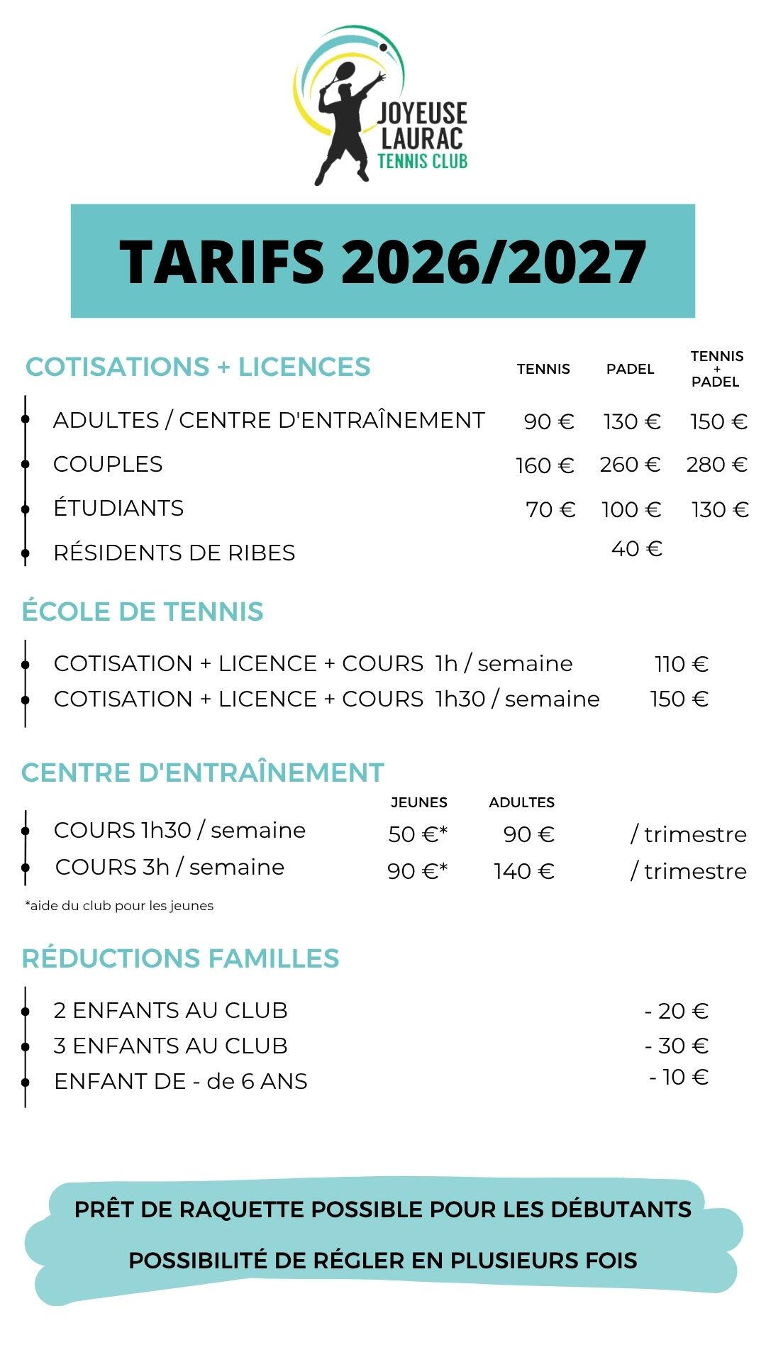 Tarifs TCJL - 2025/2026