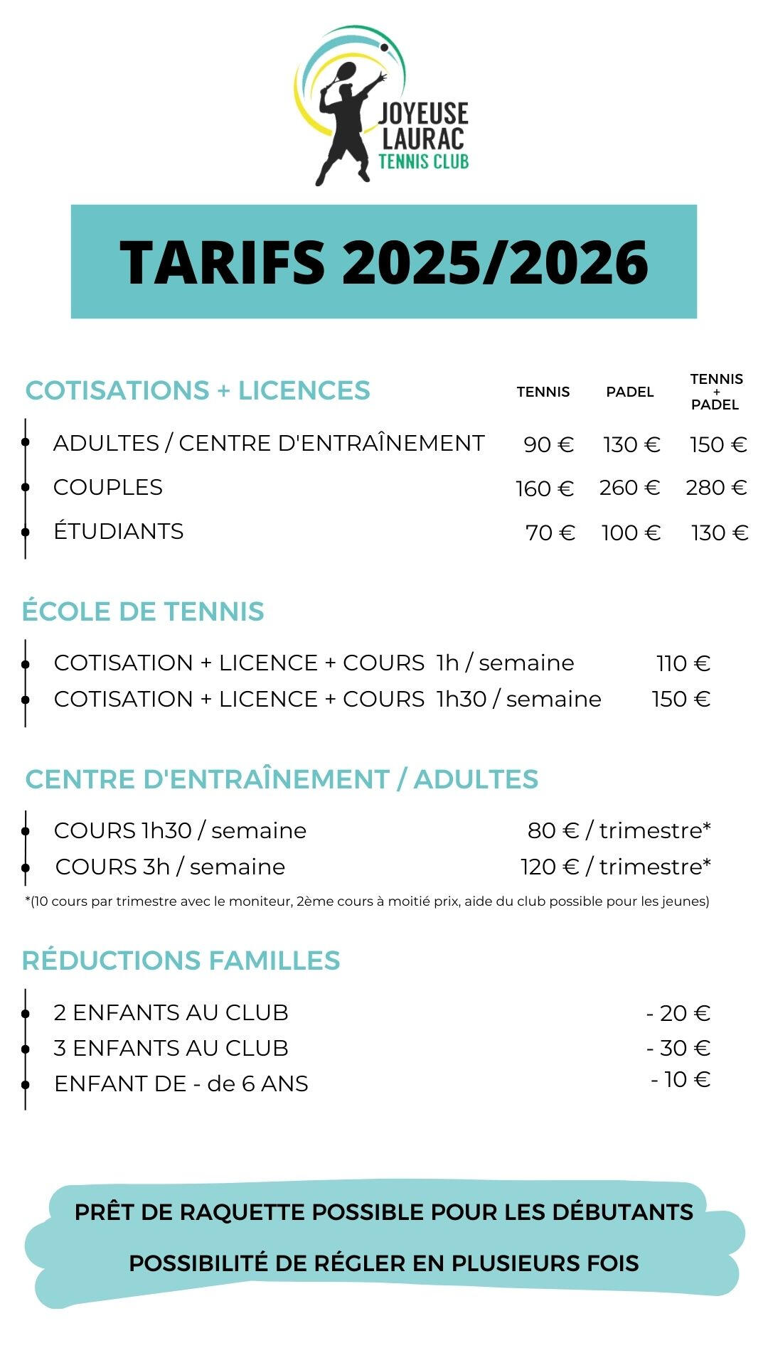 Tarifs TCJL - 2025/2026